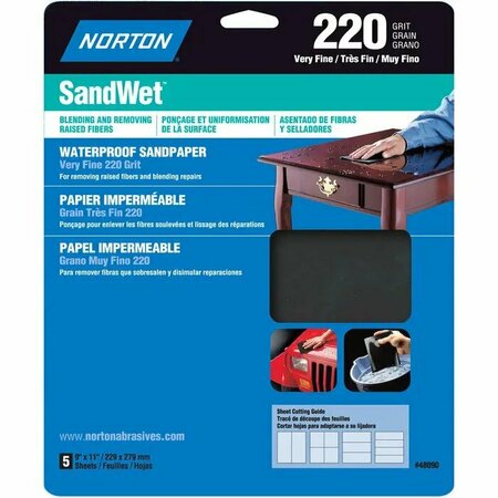 NORTON CO 9" x 11" SandWet Wet or Dry Sanding Sheets 220-Grit, PK 5 48090